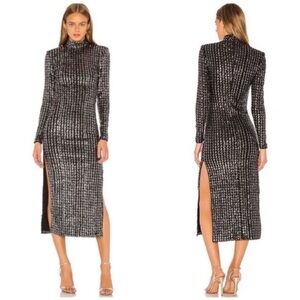 Smythe Sequin Side Slit Midi Dress Silver Sequin Stripe